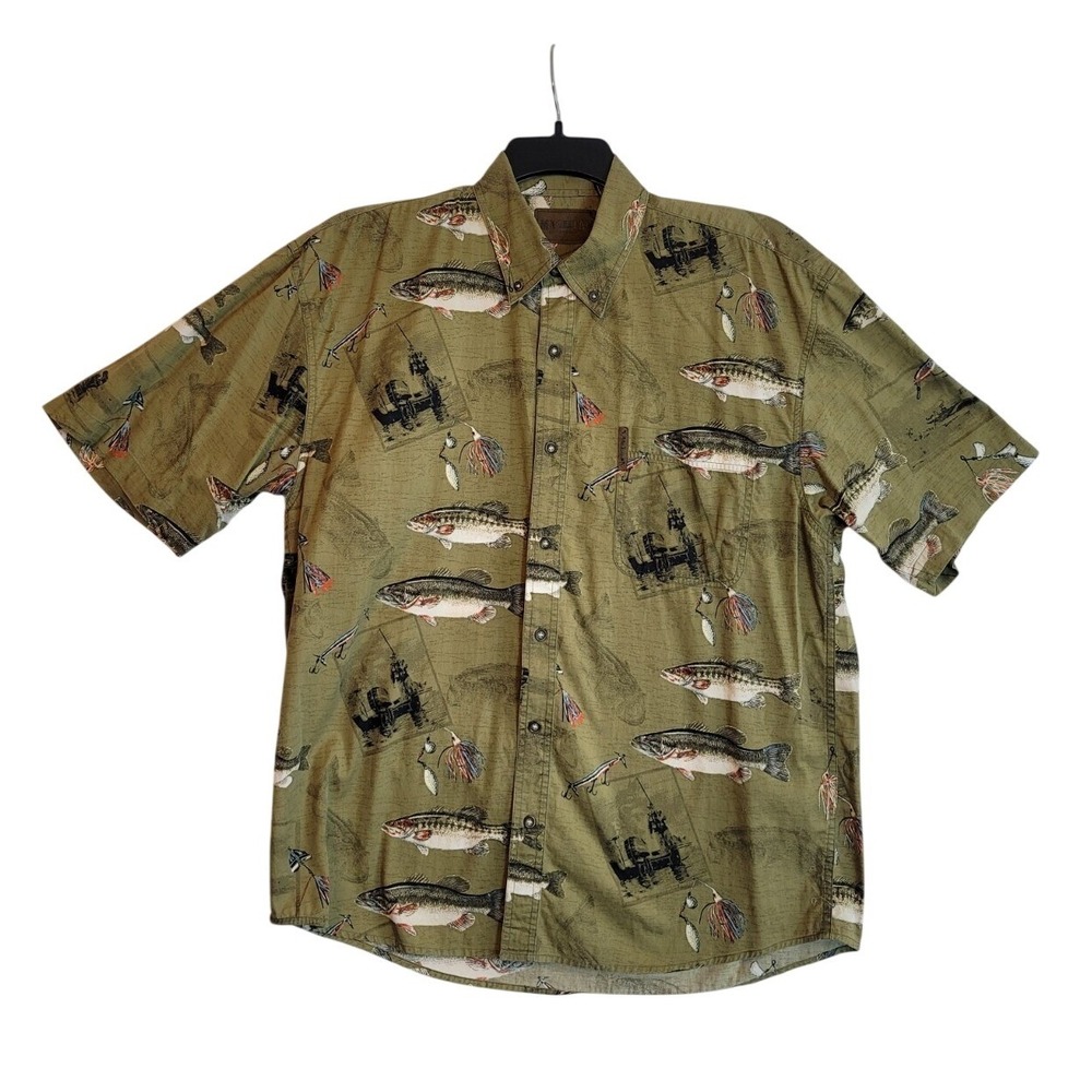 Magellan Sportswear Mens Large Fishing Shirt Bass Lure Print Olive Green Cotton